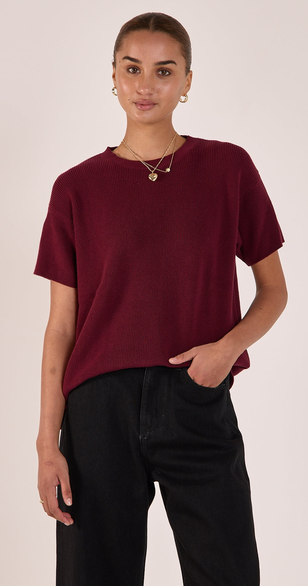 Jasper Knitted Tee - Burgundy Top Feather & Noise 