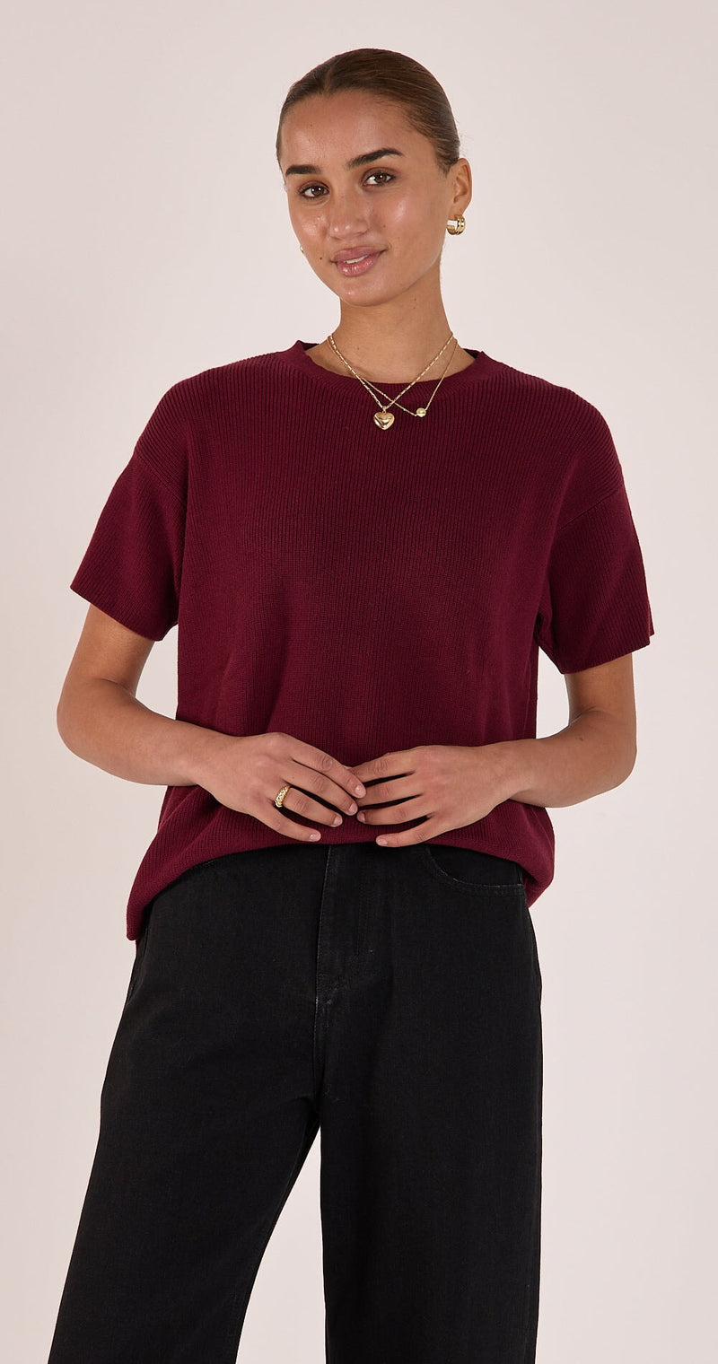 Jasper Knitted Tee - Burgundy Top Feather & Noise 