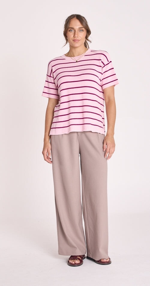 Jasper Knitted Tee - Pink Burgundy Stripe Top Feather & Noise 