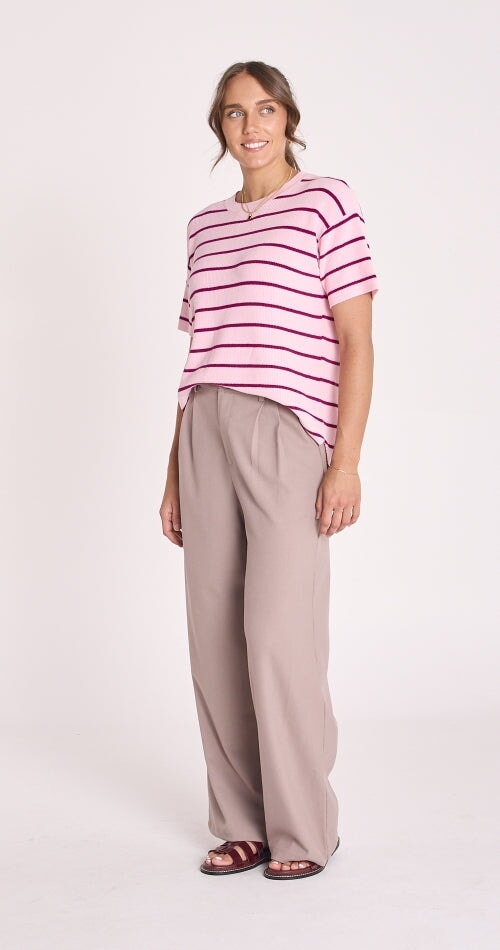 Jasper Knitted Tee - Pink Burgundy Stripe Top Feather & Noise 