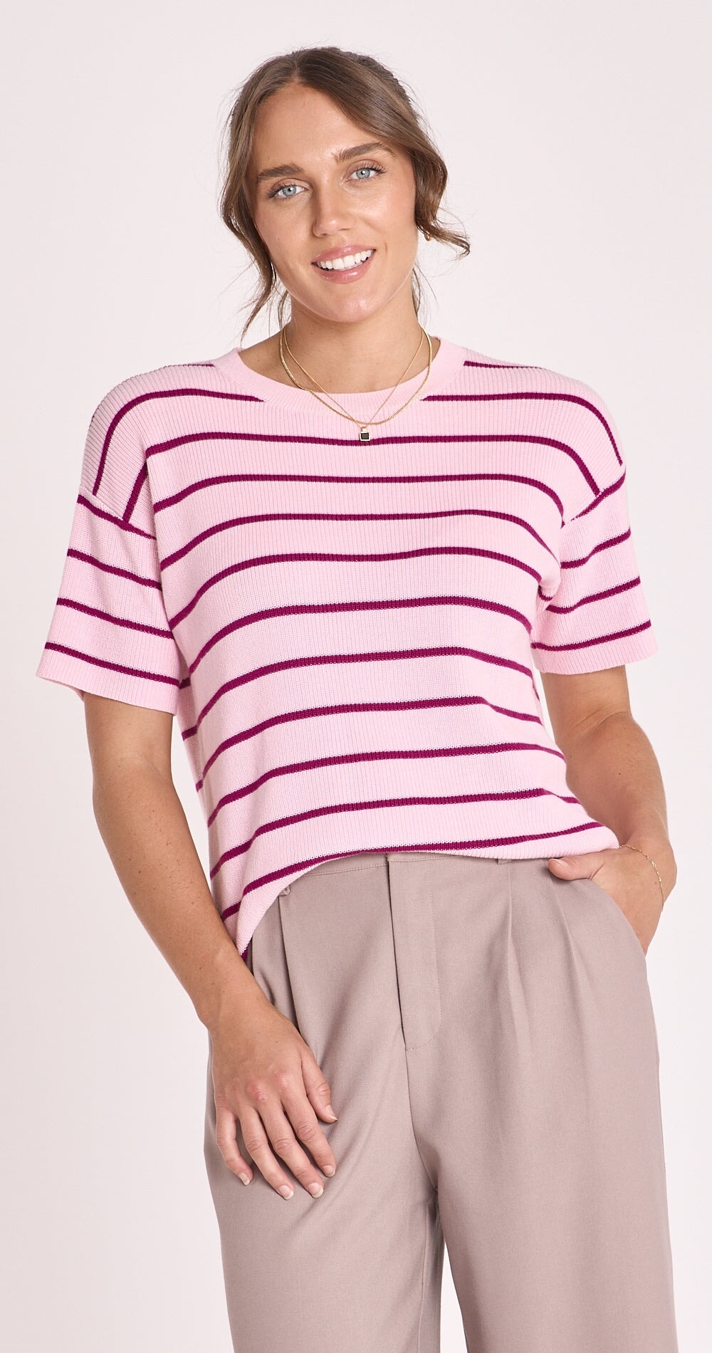 Jasper Knitted Tee - Pink Burgundy Stripe Top Feather & Noise 