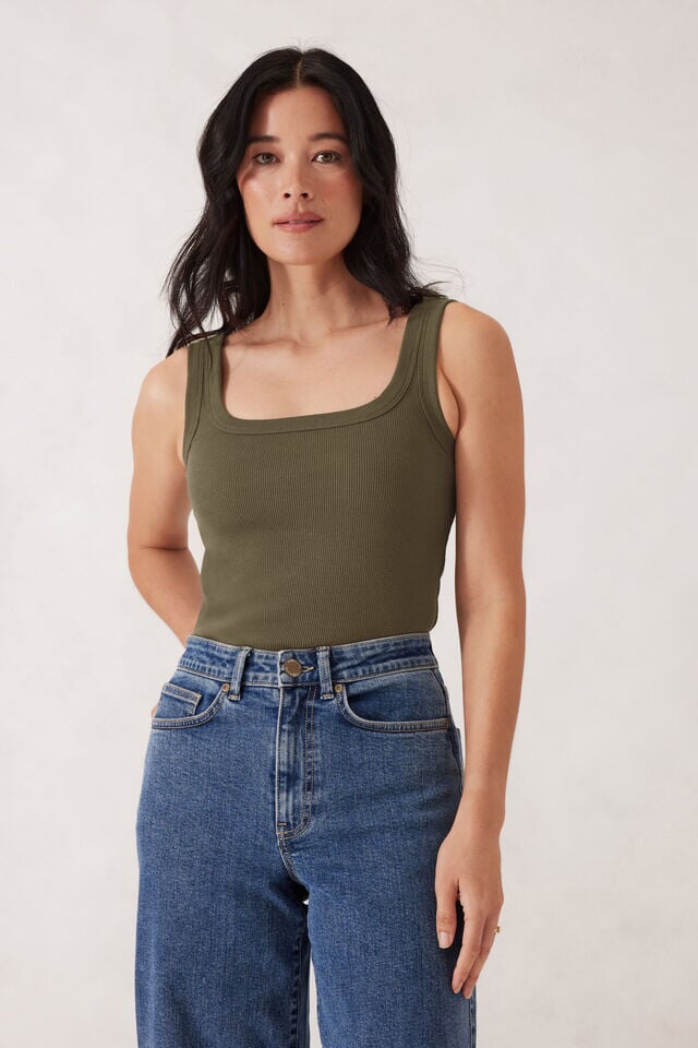 Contour Rib Square Neck Tank - Soft Olive Tank Ceres Life 