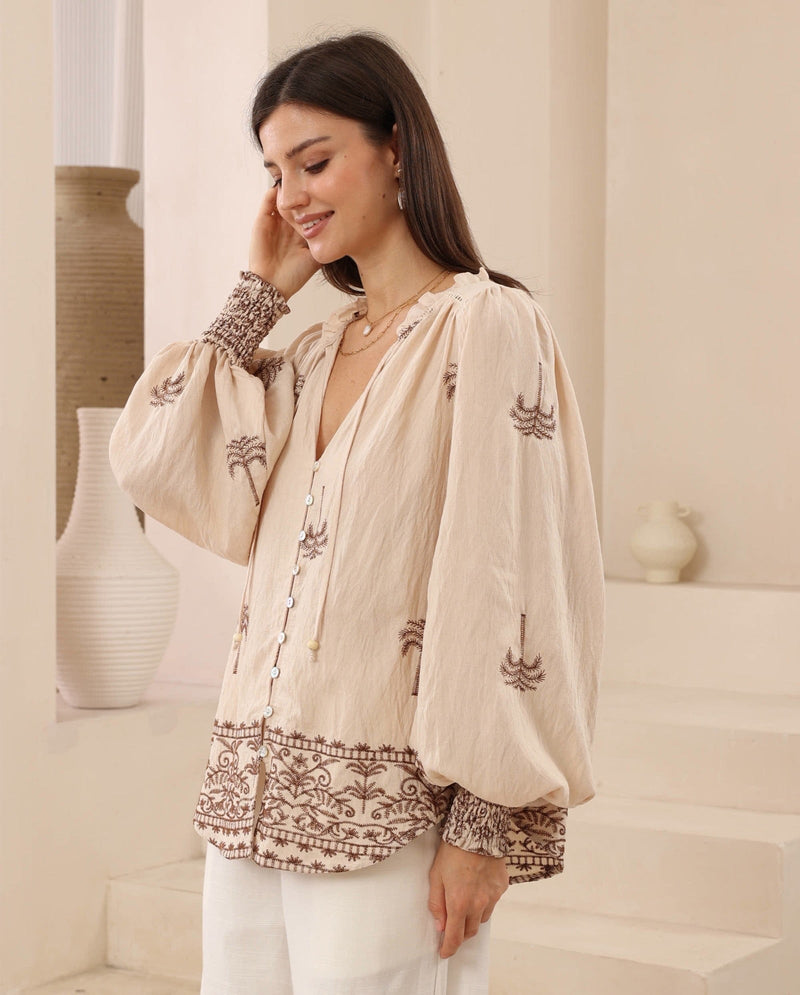 Le Fleur Embroidary Blouse - Brown Top Iris Maxi 