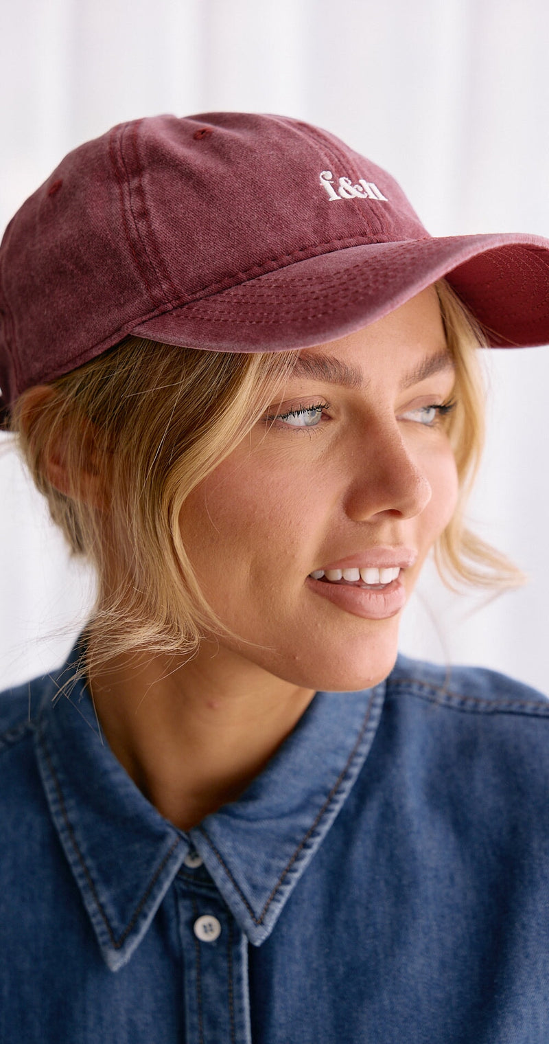 Gigi Washed Denim Cap - Burgundy Hats Feather & Noise 