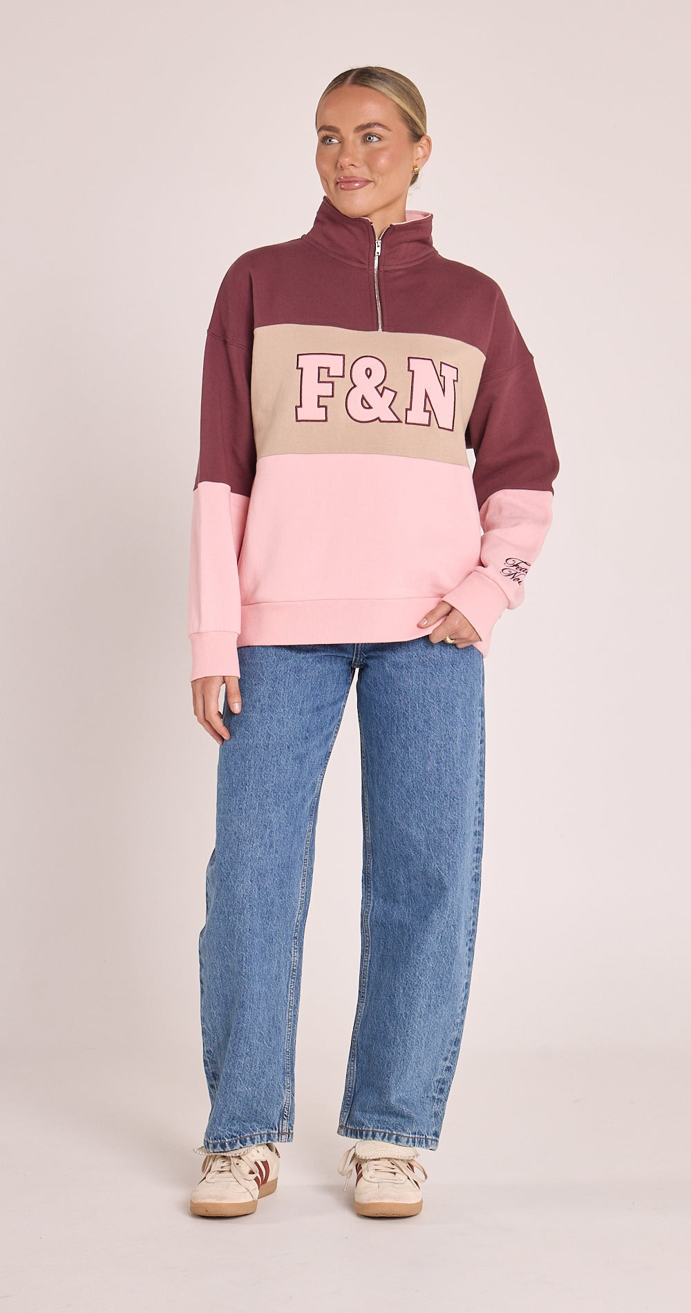 Varsity Logo Sweater - Pink Plum Stripe Jumper Feather & Noise 