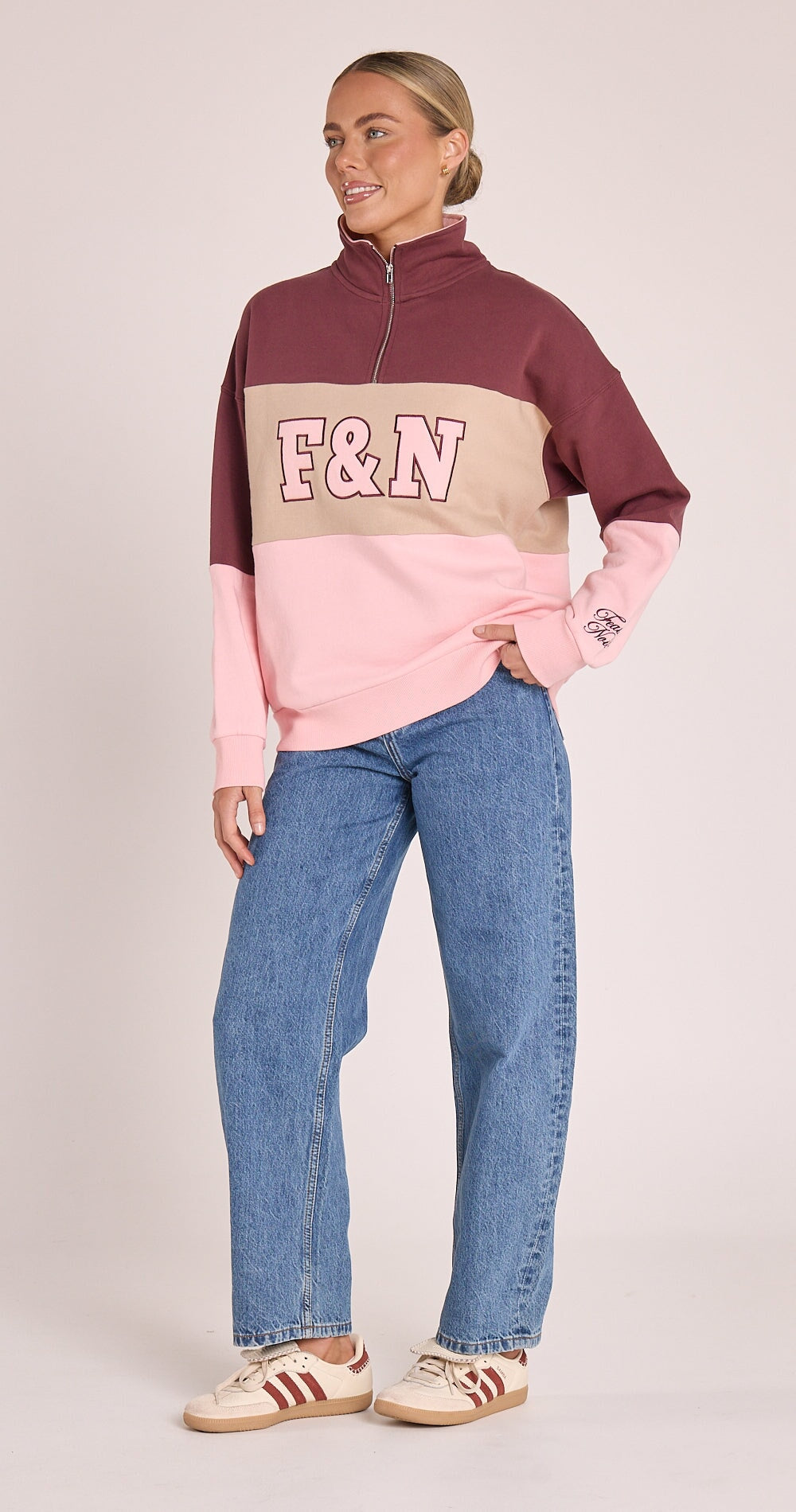 Varsity Logo Sweater - Pink Plum Stripe Jumper Feather & Noise 