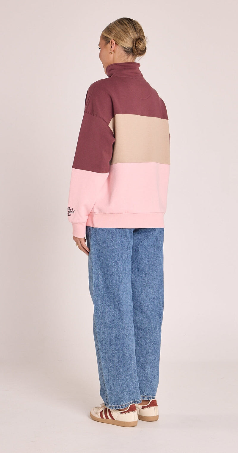 Varsity Logo Sweater - Pink Plum Stripe Jumper Feather & Noise 