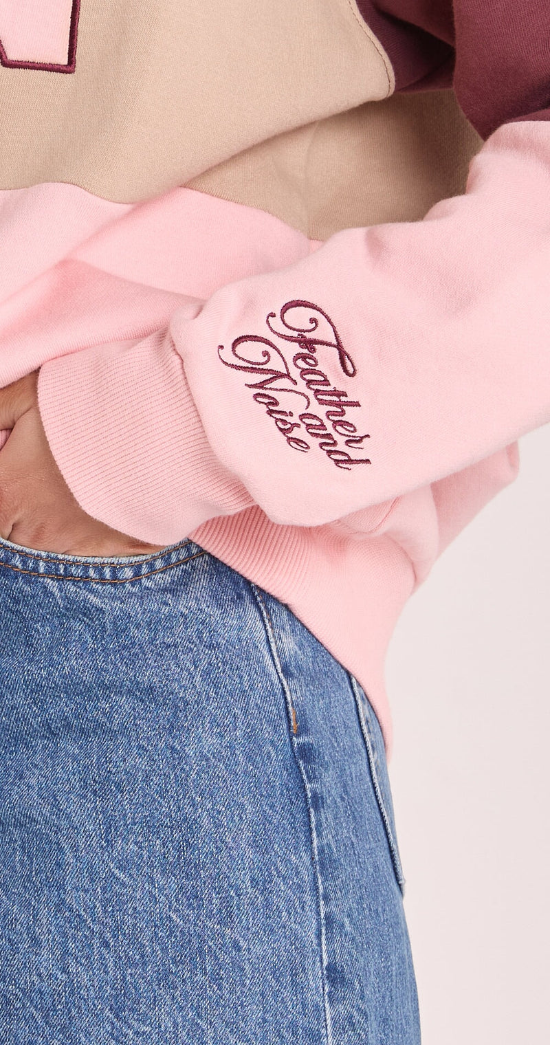 Varsity Logo Sweater - Pink Plum Stripe Jumper Feather & Noise 