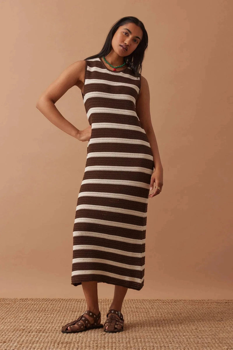 Margot Mesh Knit Tank Midi Dress - Choc Stripe dress Ceres Life 