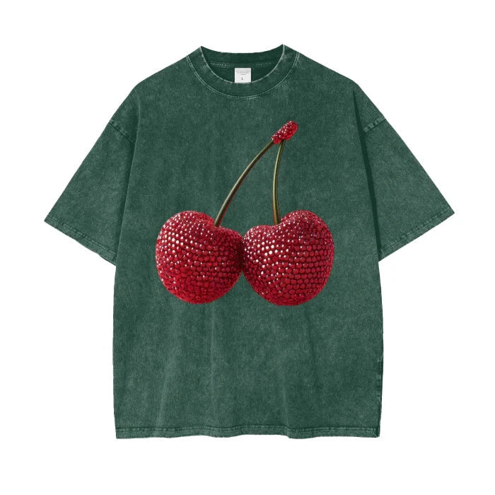 Cherry Baby Acid Wash Oversized Tee - Dark Green Tee Maku 