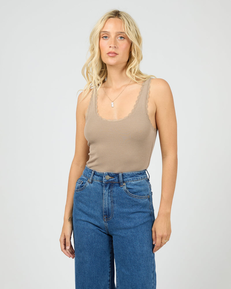 Washed Rib Lace Tank - Stone Tee All About Eve 
