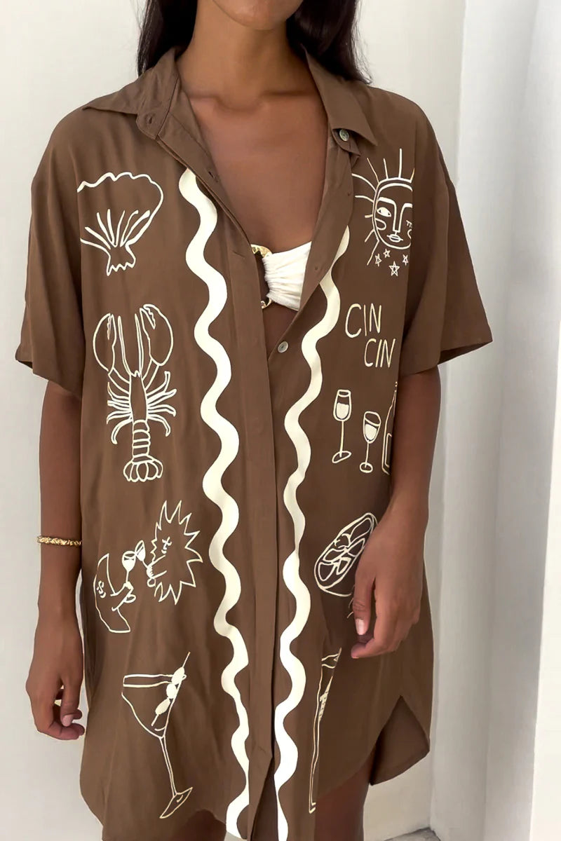 Wine Club Shirt Dress - Brown Dress Palm Collective 