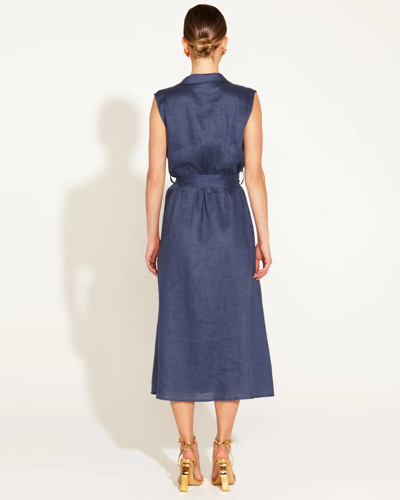 A Walk In The Park Linen Sleeveless Midi Dress - Navy Dresses Fate + Becker 