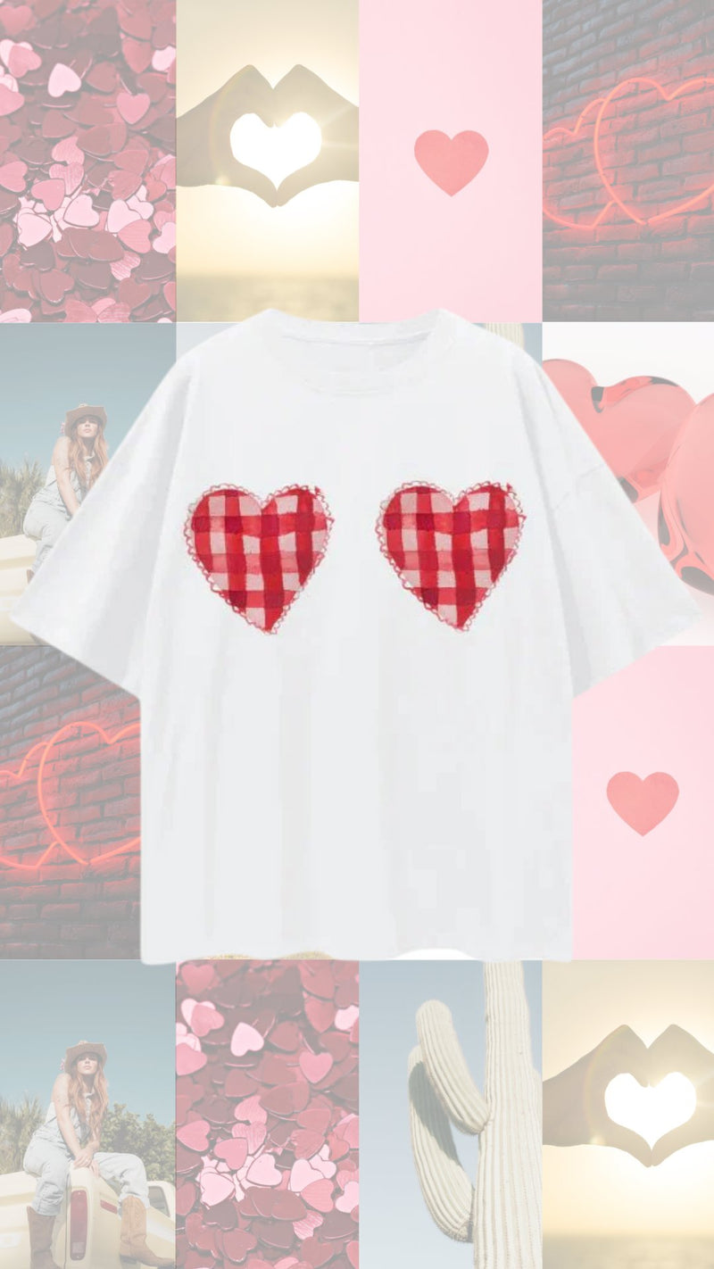 Gingham Hearts Oversize Tee - White Tee Maku 