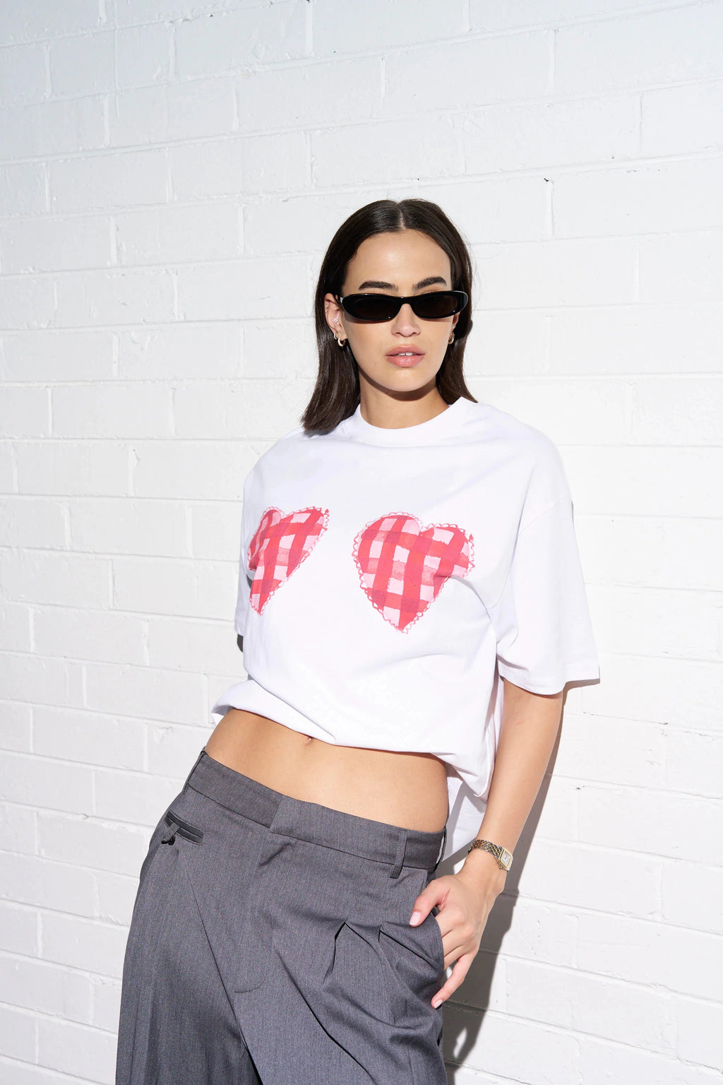Gingham Hearts Oversize Tee - White Tee Maku 