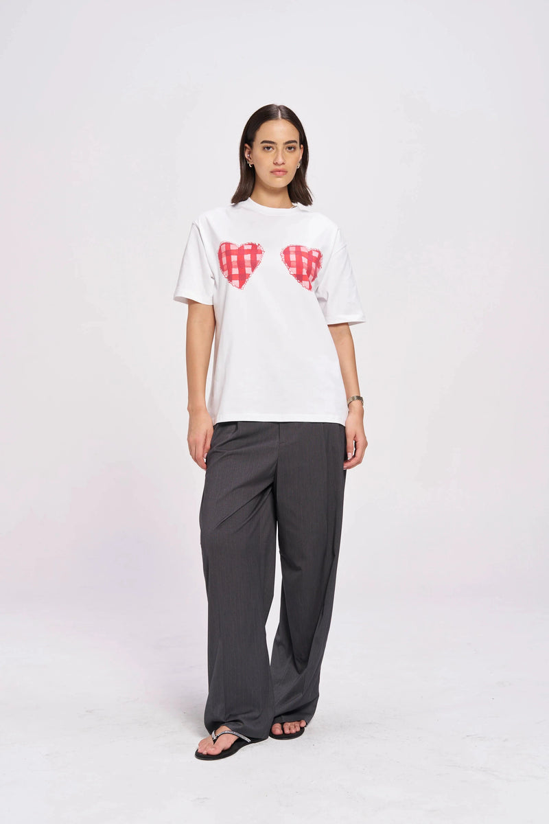 Gingham Hearts Oversize Tee - White Tee Maku 