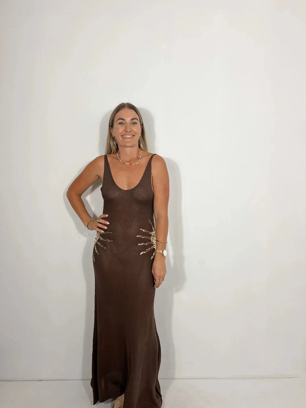 Brown Sun Sequin Knit Maxi Dress Tee By Frankie 