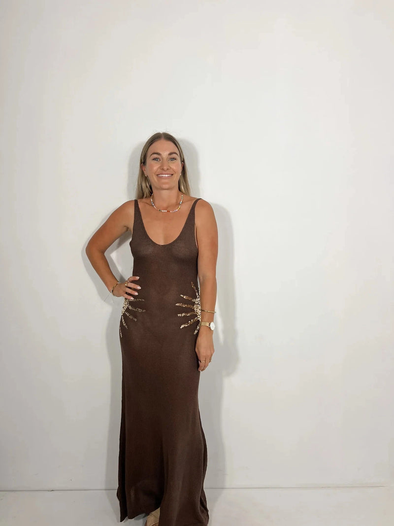 Brown Sun Sequin Knit Maxi Dress Tee By Frankie 