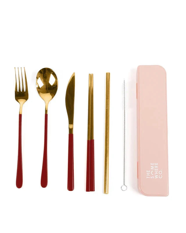 Take Me Away Cutlery Kit - Gold with Burgundy Handle Cutlery Set The Somewhere Co 