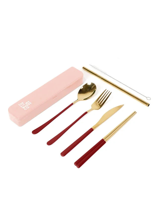 Take Me Away Cutlery Kit - Gold with Burgundy Handle Cutlery Set The Somewhere Co 