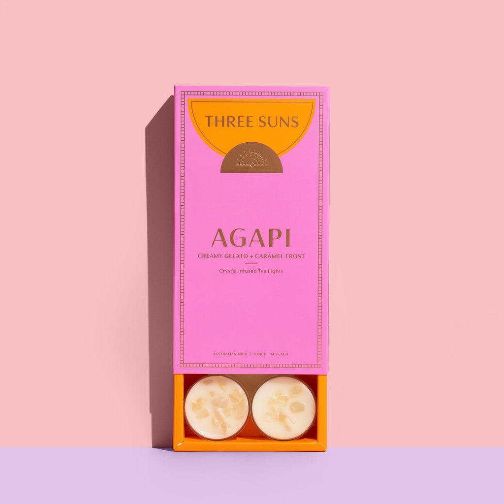 Agapi | Creamy Vanilla Gelato + Caramel Frost Soy Tealight box of 8 Candles Three Suns 