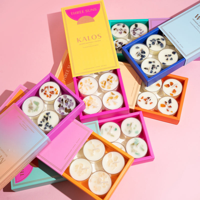 Kalos | Lychee Mango + Guava Soy Tealight Box of 8 Candles Three Suns 