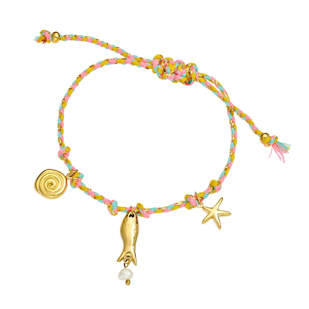 Stainless Steel Braided Cord Bracelet with Freshwater Pearl & Gold Plated Charms DPI Jewellery 