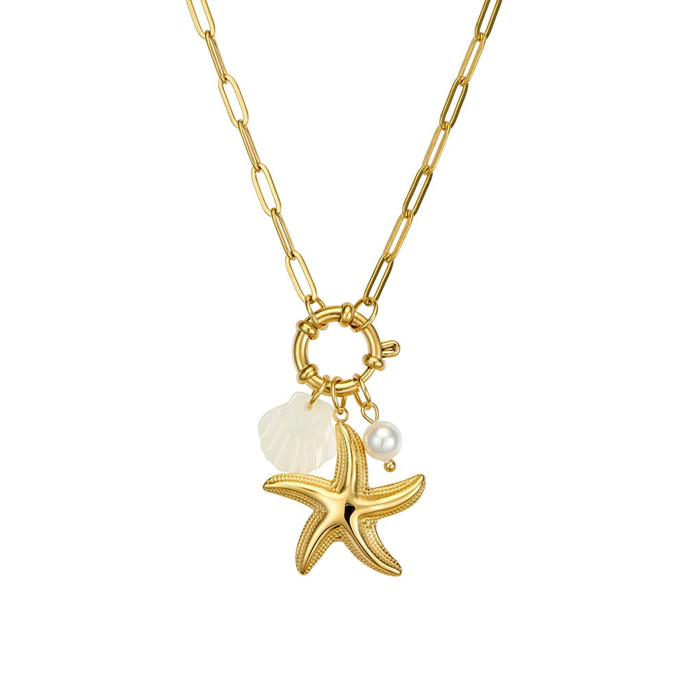 Stainless Steel Gold Plated Starfish, Pearl & Shell Multi-charm Necklace DPI Jewellery 