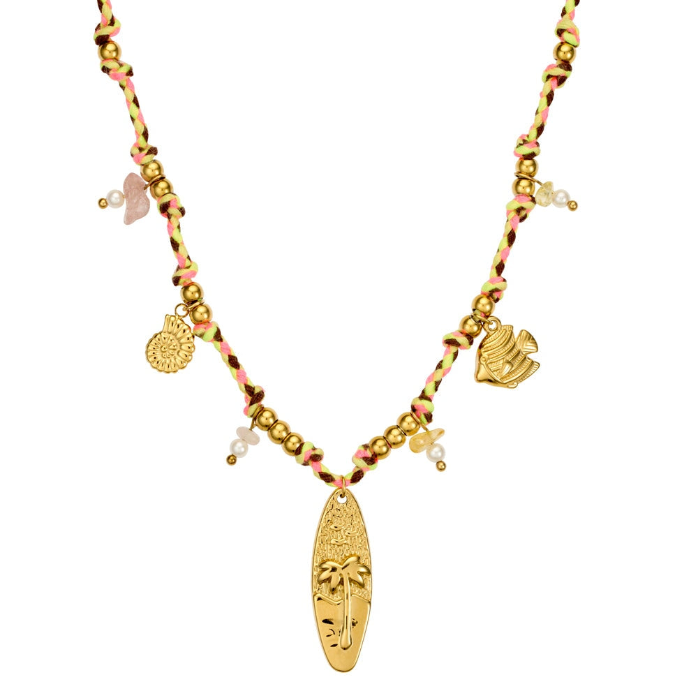 Braided cord necklace with pearls, stones & gold plated charms DPI Jewellery 