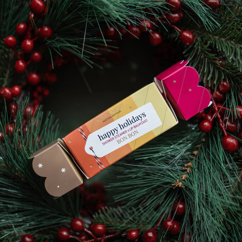 Happy Holidays Shower Steamer x Mini Lip Balm Bon Bon Bath Salts Wild Emery 