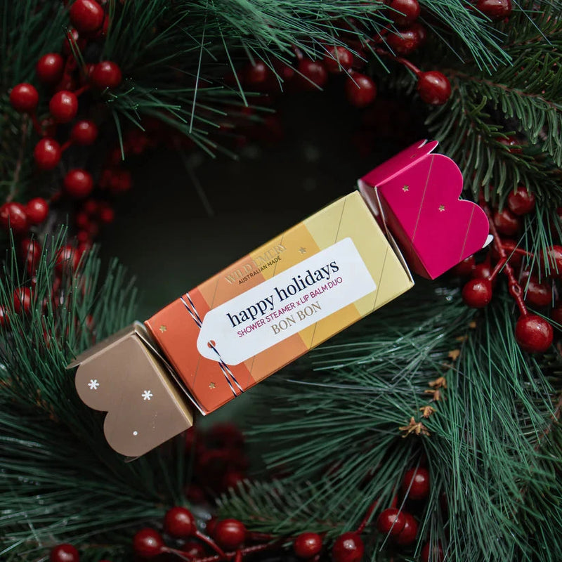 Happy Holidays Shower Steamer x Mini Lip Balm Bon Bon Bath Salts Wild Emery 