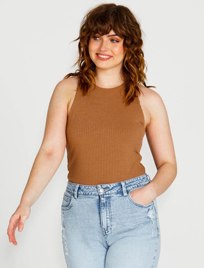 Aubrey High Neck Singlet - Brown Top Sass 