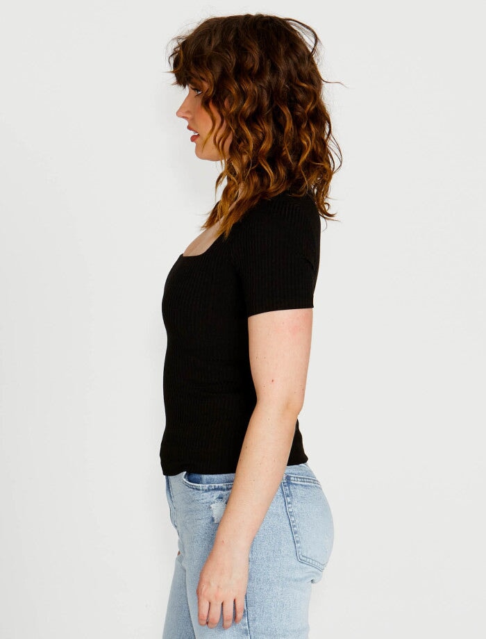 Aubrey Square Neck Short Sleeve Top - Black Top Sass 