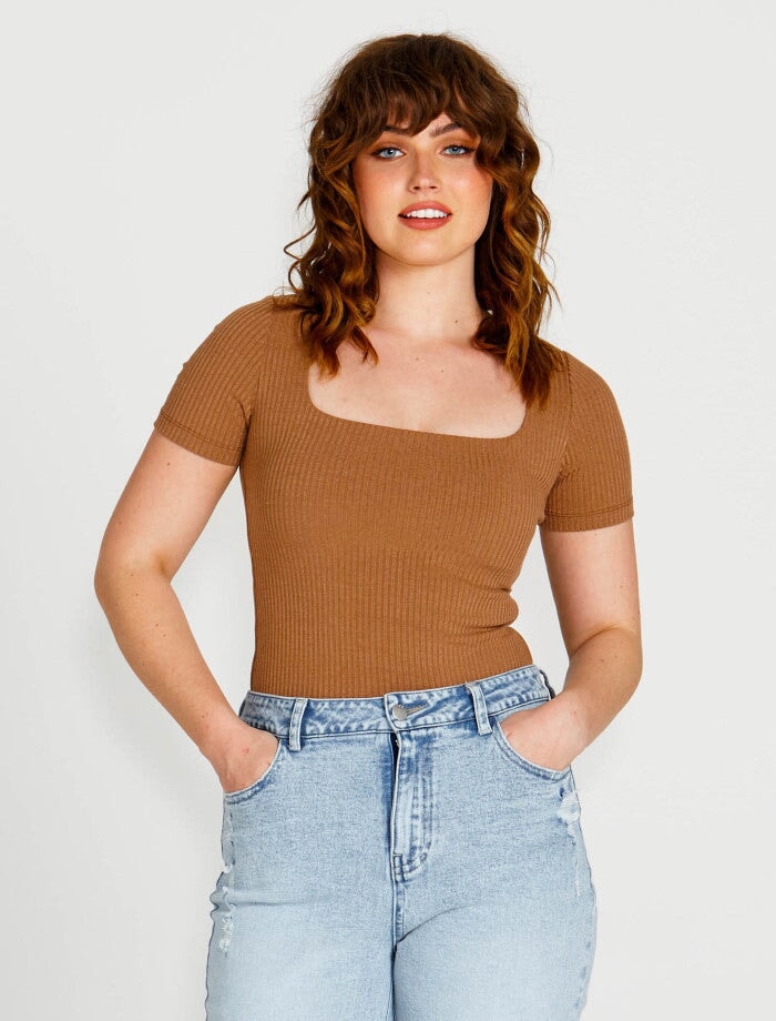 Aubrey Square Neck Short Sleeve Top - Brown Top Sass 