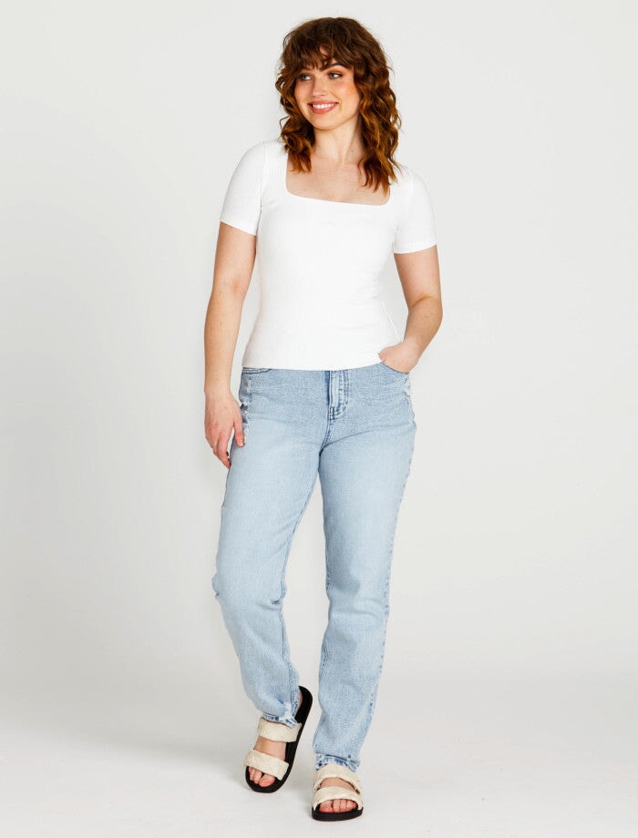 Aubrey Square Neck Short Sleeve Top - White Top Sass 