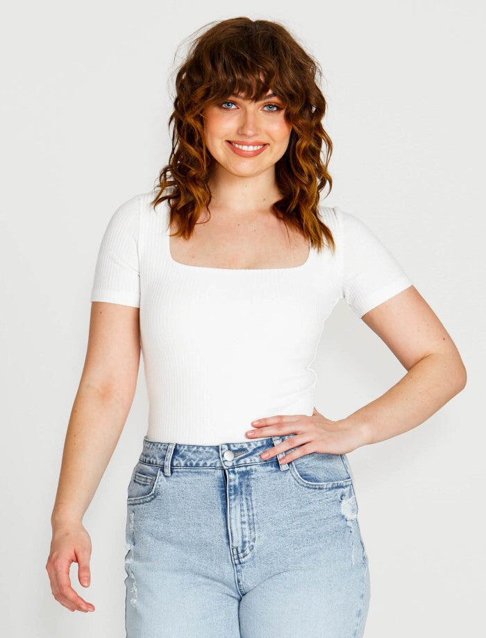 Aubrey Square Neck Short Sleeve Top - White Top Sass 