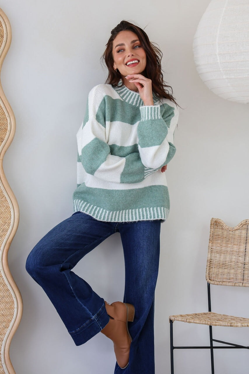 Tilly Stitch Stripe Knit Crew Neck - Sage Knit Miracle 