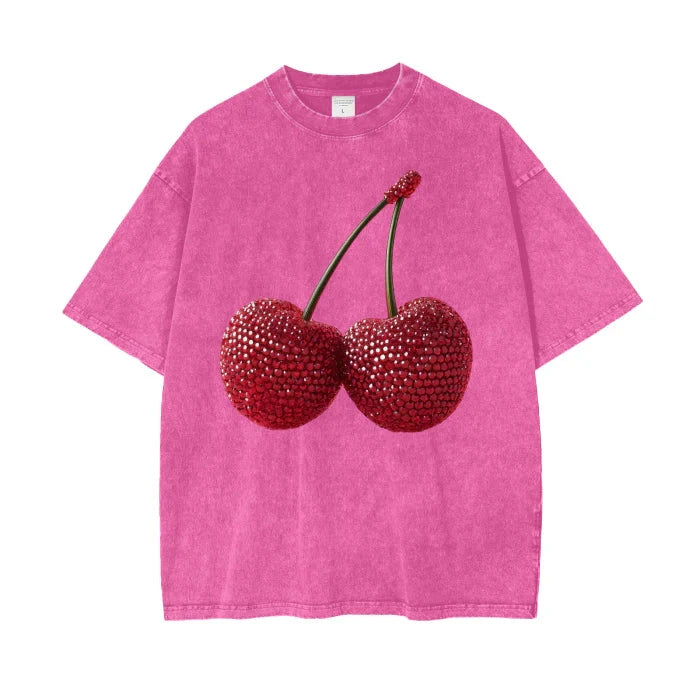 Cherry Baby Acid Wash Oversized Tee - Rose Red Tee Maku 