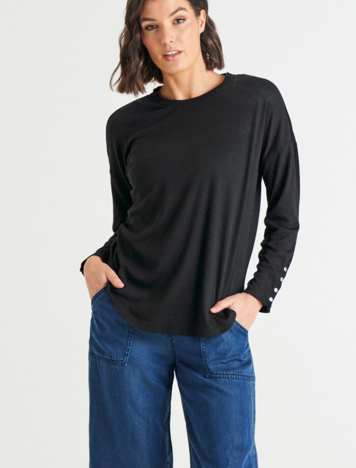 Malika Ribbed Long Sleeve Tee - Black Shirts & Tops Betty Basics 