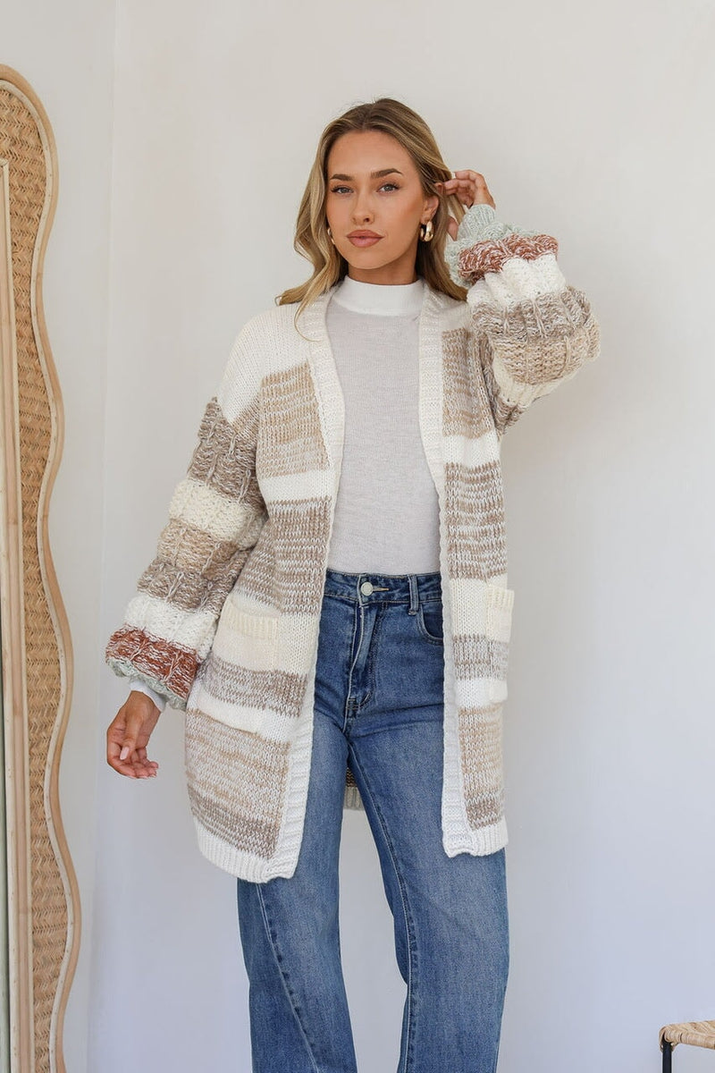 Boho Stripe Cardi - Latte/Sage Knit Miracle 