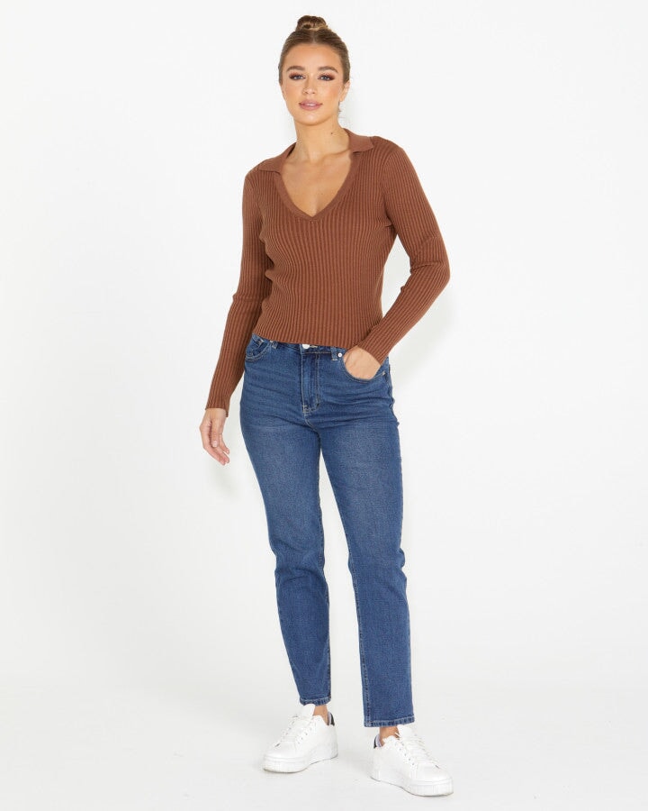 Talana Collared Knit - Brown Shirts & Tops Sass 