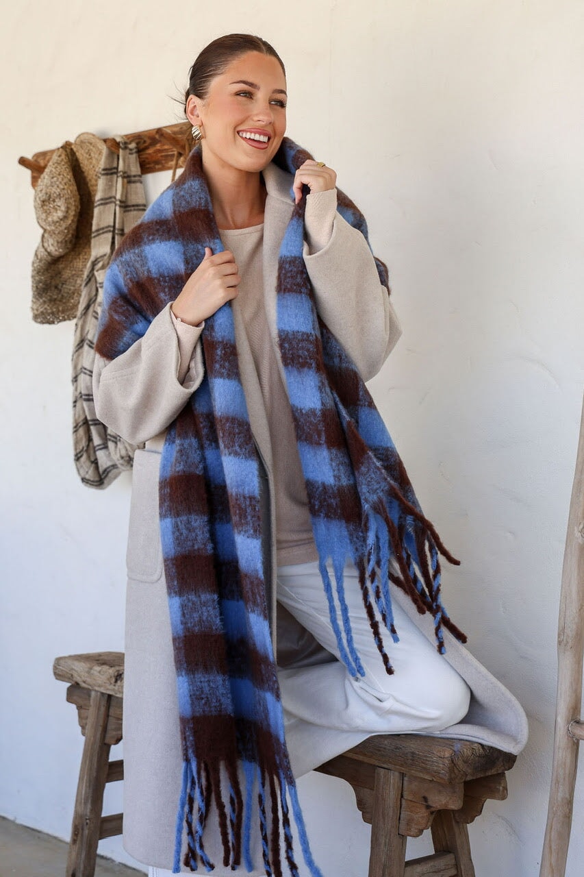 Chunky Check Tassel Scarf - Blue/Chocolate Scarf Love Stitch 