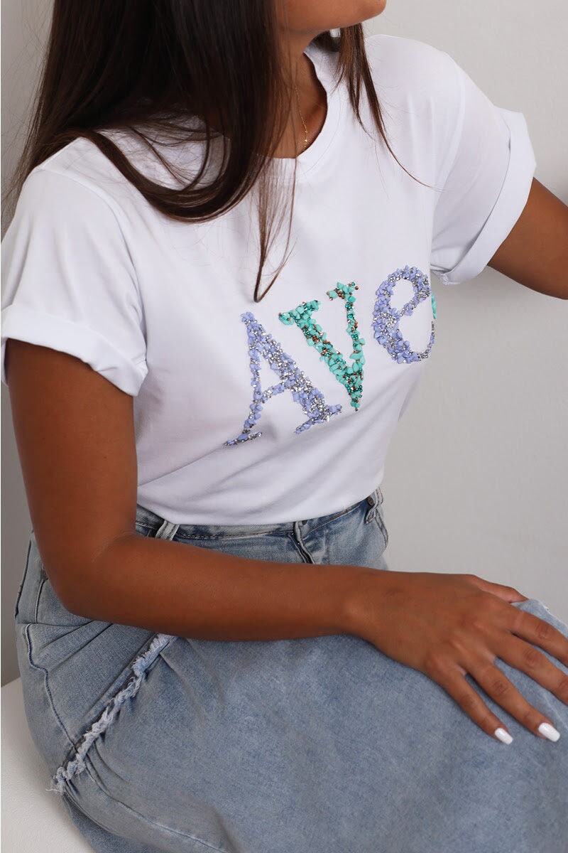 Sachi Tee White - Periwinkle/Teal Top Ave 