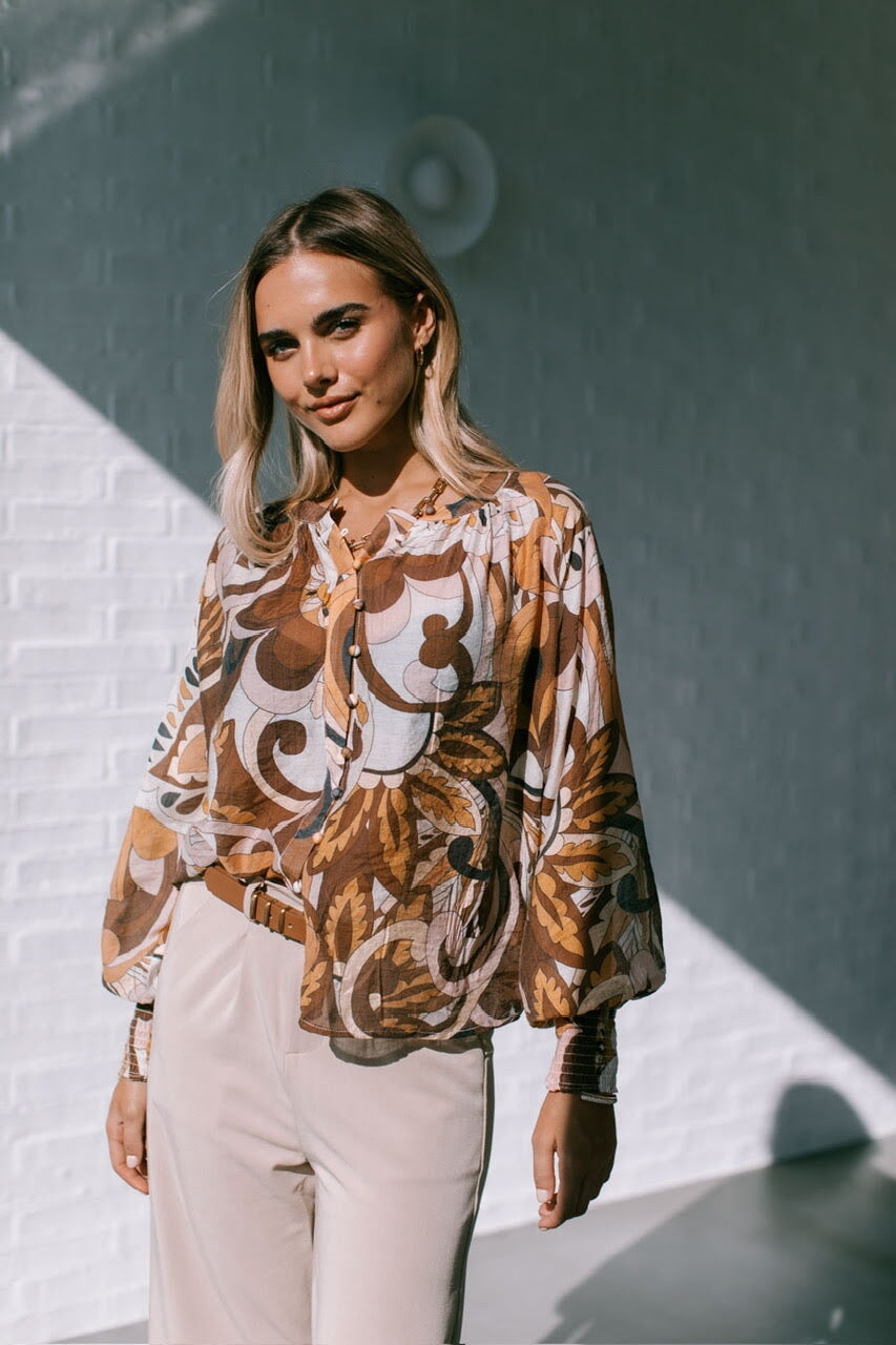 Barcelona Button Top - Mocha Swirl Top St Germain 
