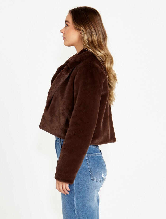 Xanthe Cropped Fur Jacket - Chocolate Fur Jacket Sass 