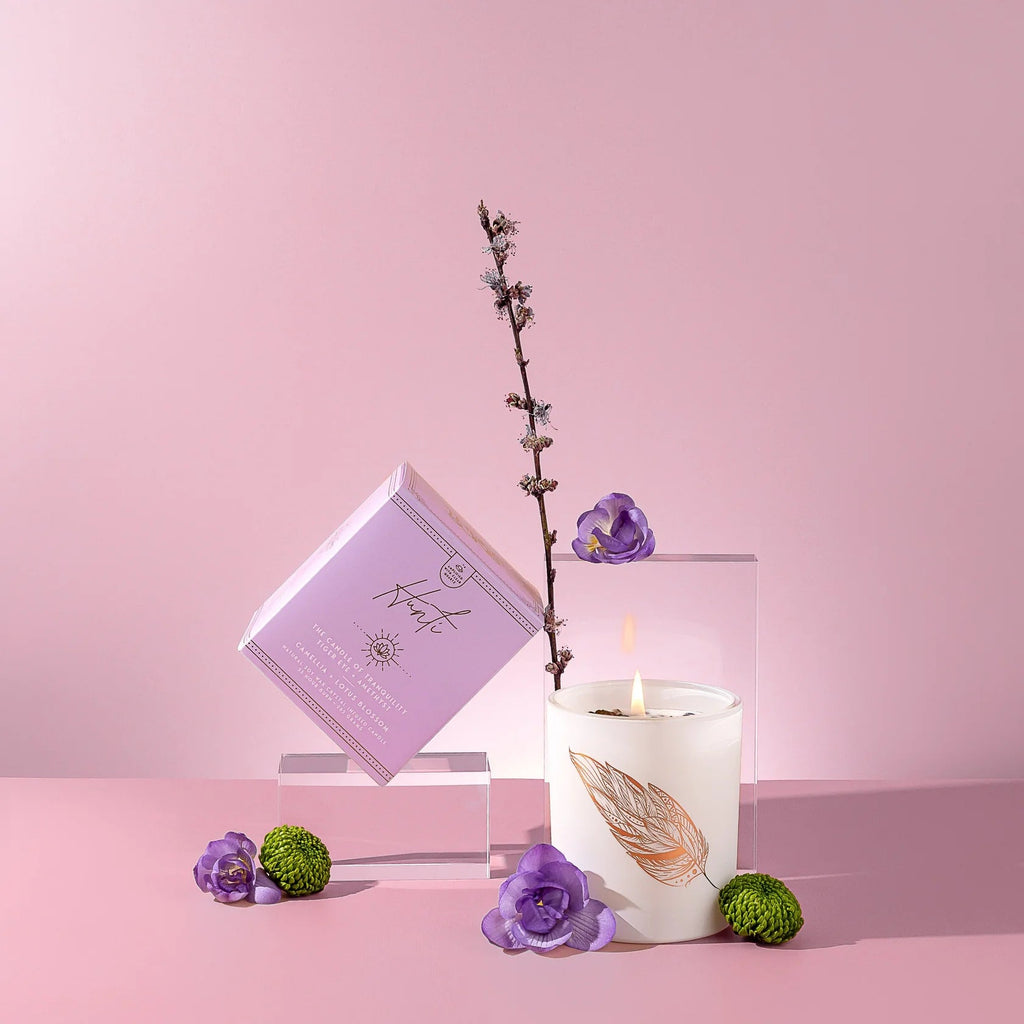 Hunti' | Candle of Tranquility | Camellia + Lotus Blossom Crystal Infused Candles Three Suns 
